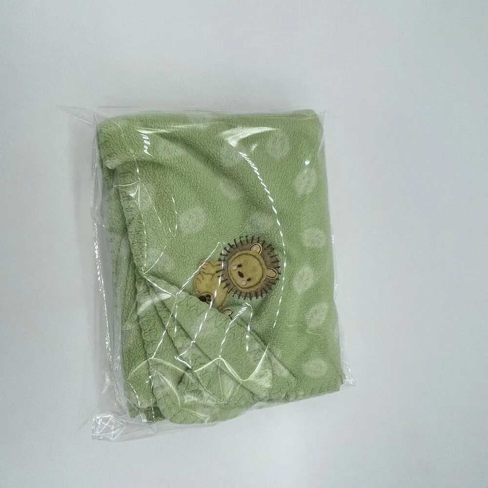 Just Born Lion & Turtle Green White Leaves Fleece Baby Security Blanket